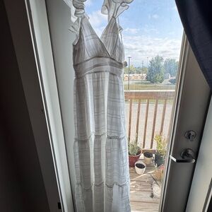 Altar’d State White Plaid Maxi S Dress Ruffle Straps tie sleeves desc milkmaid